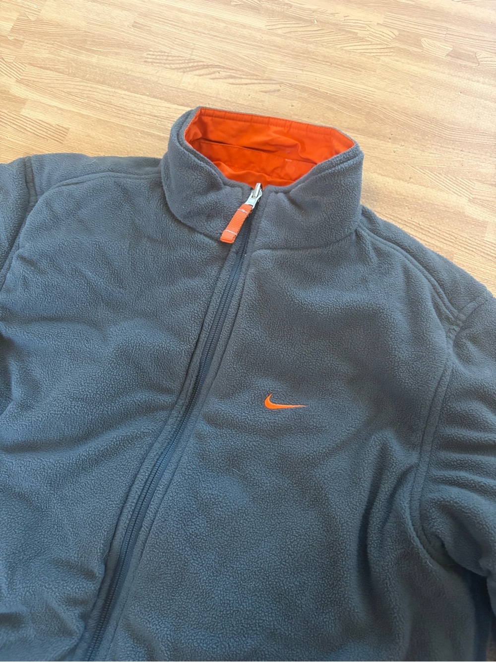 Vintage Nike Reversible Fleece Jacket Big Swoosh Spellout Orange Navy Y2K Youth - Picture 9 of 16